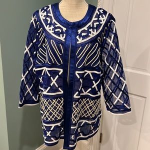 Chico’s semi-sheer royal blue, white & gold jacket  Size 3 (16-18) NWT